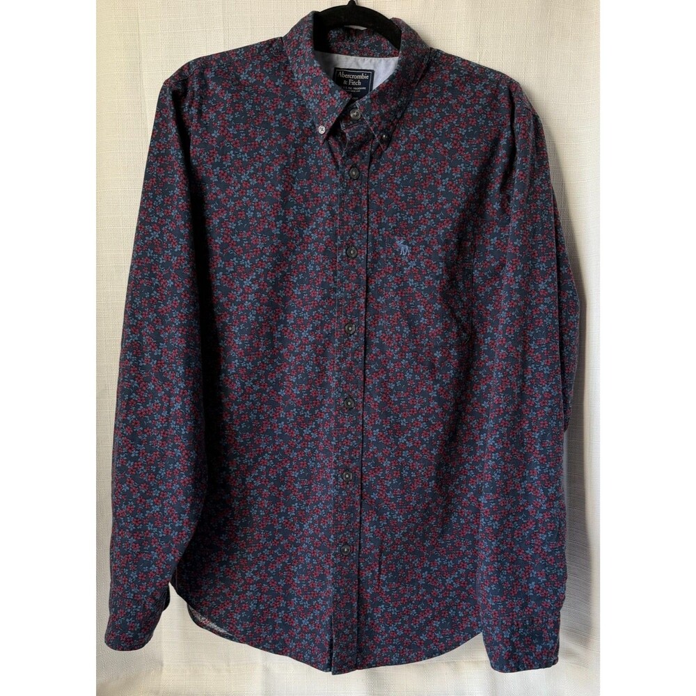 Abercrombie & Fitch Mens Large Floral Button Down Shirt Blue Red Stretch A&F